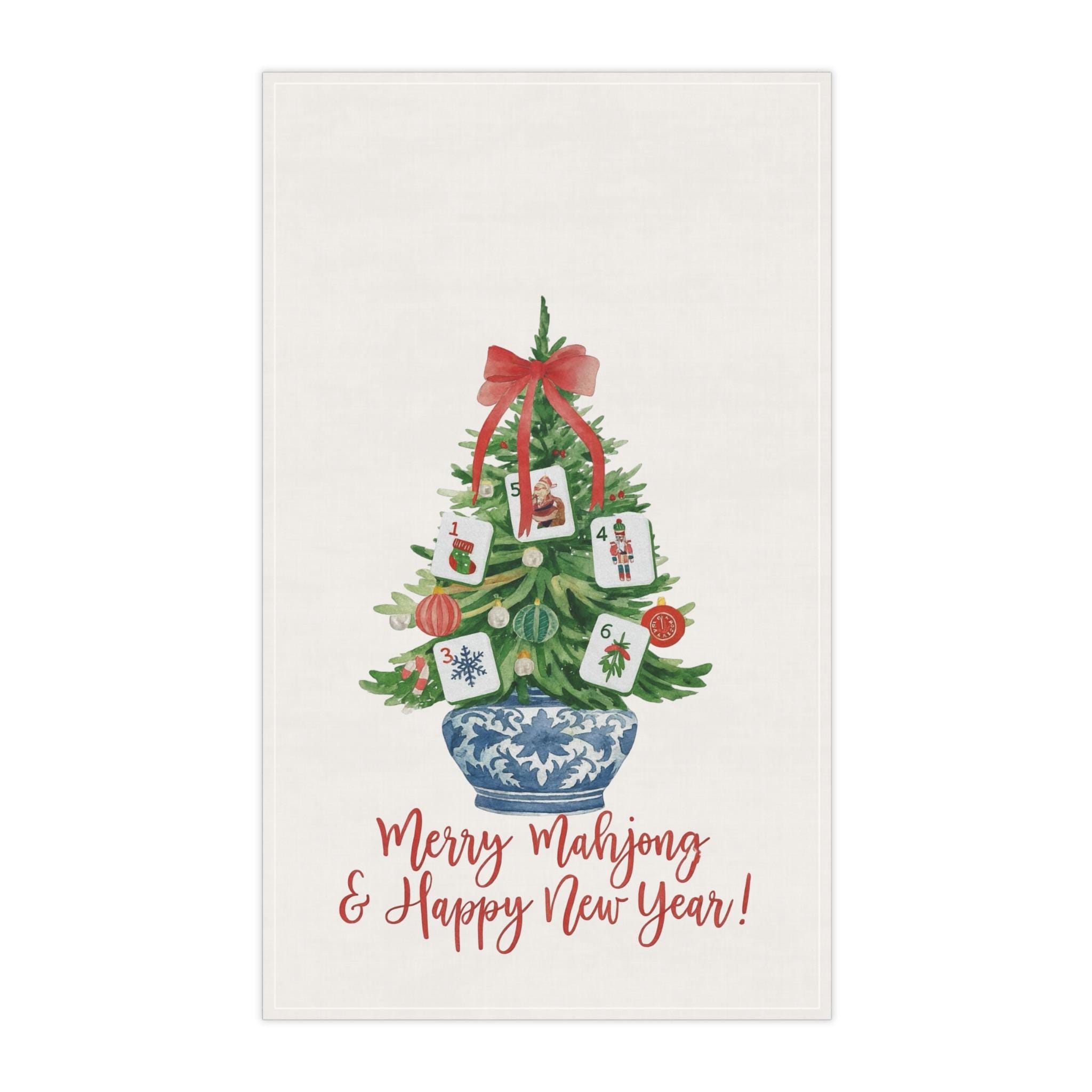 Merry Mahjong Chinoiserie Christmas Tree Hand Towel, Mahjong Tea Towel, Holiday Kitchen Decor, Christmas Gift, Mahjong Group, Mahjong Gift