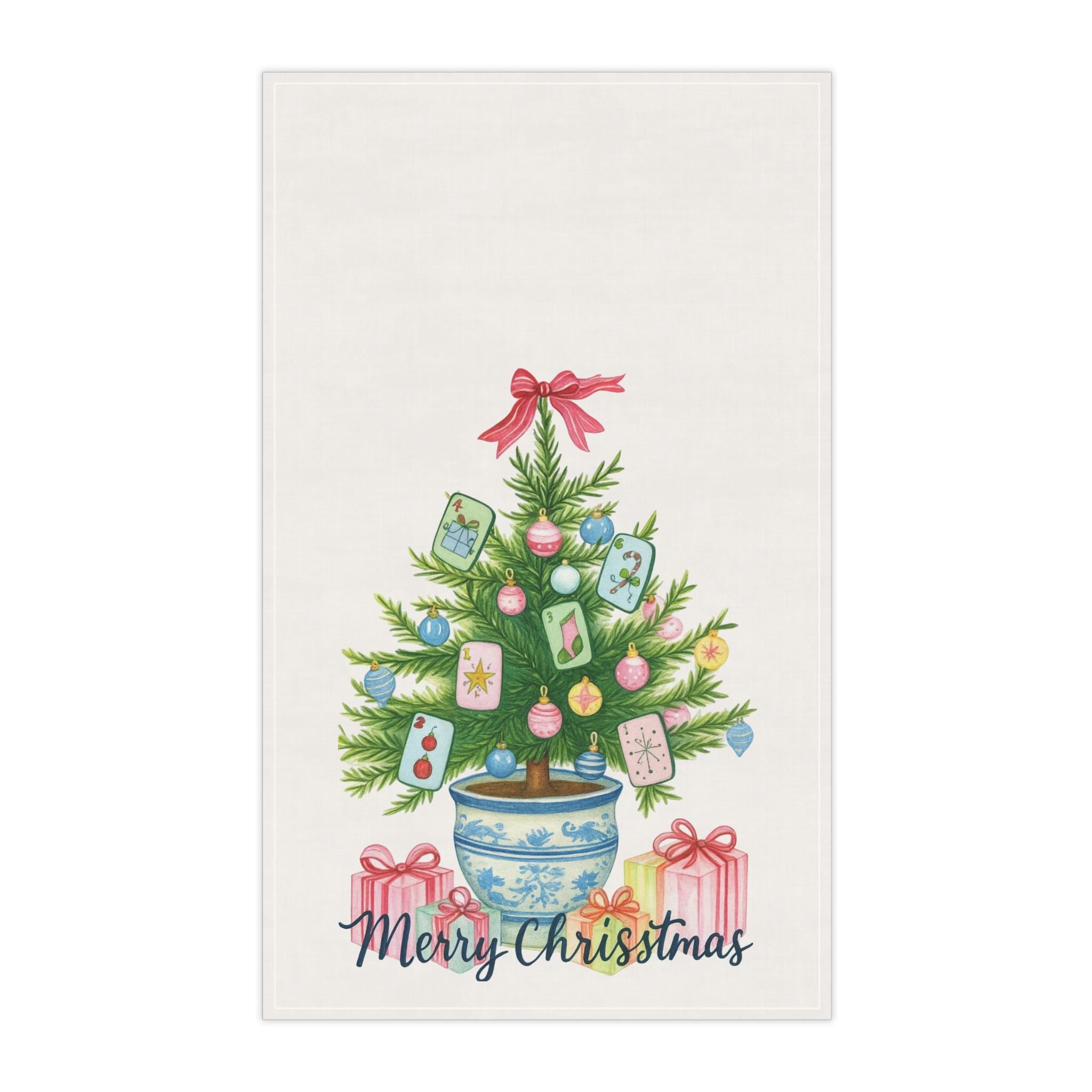Mahjong Christmas Tree Tea Towel: Chinoiserie Holiday Kitchen Decor