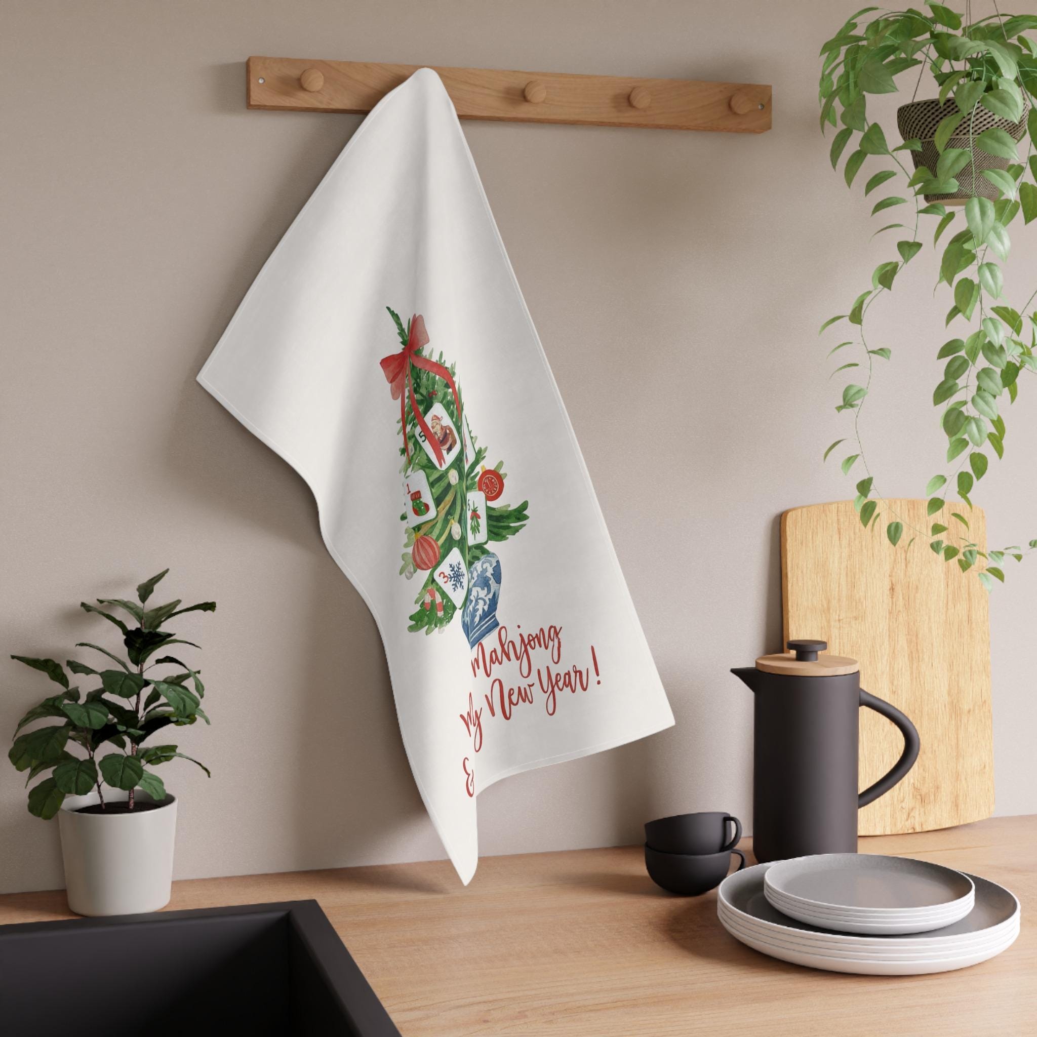 Merry Mahjong Chinoiserie Christmas Tree Hand Towel, Mahjong Tea Towel, Holiday Kitchen Decor, Christmas Gift, Mahjong Group, Mahjong Gift
