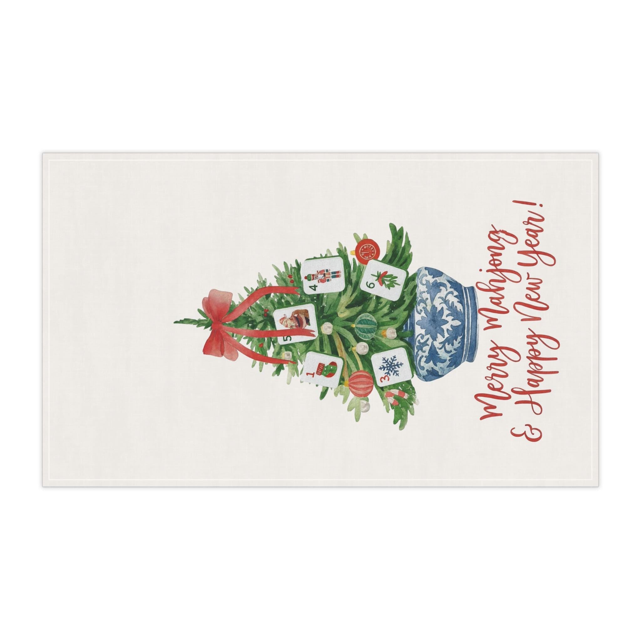 Merry Mahjong Chinoiserie Christmas Tree Hand Towel, Mahjong Tea Towel, Holiday Kitchen Decor, Christmas Gift, Mahjong Group, Mahjong Gift