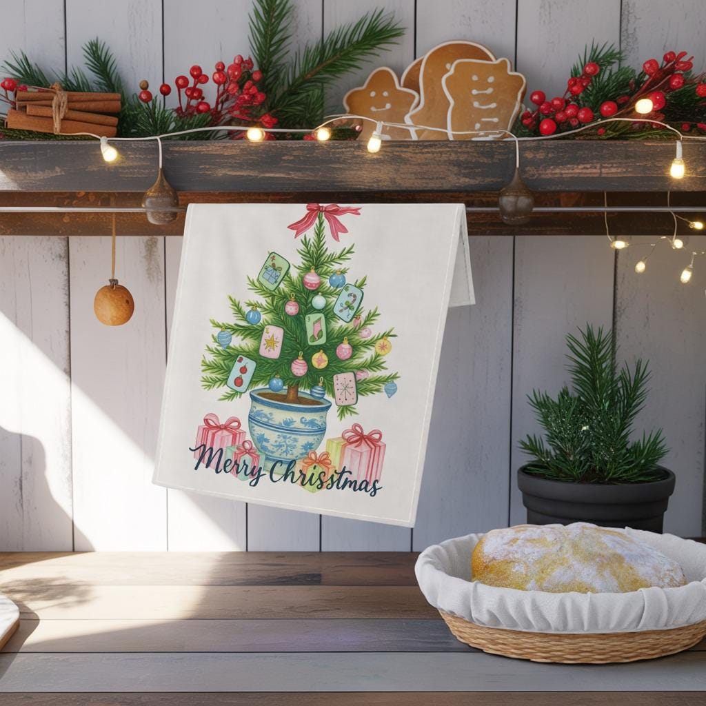 Mahjong Christmas Tree Tea Towel: Chinoiserie Holiday Kitchen Decor