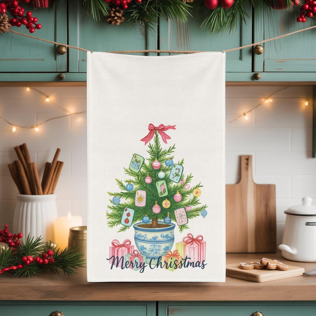 Mahjong Christmas Tree Tea Towel: Chinoiserie Holiday Kitchen Decor