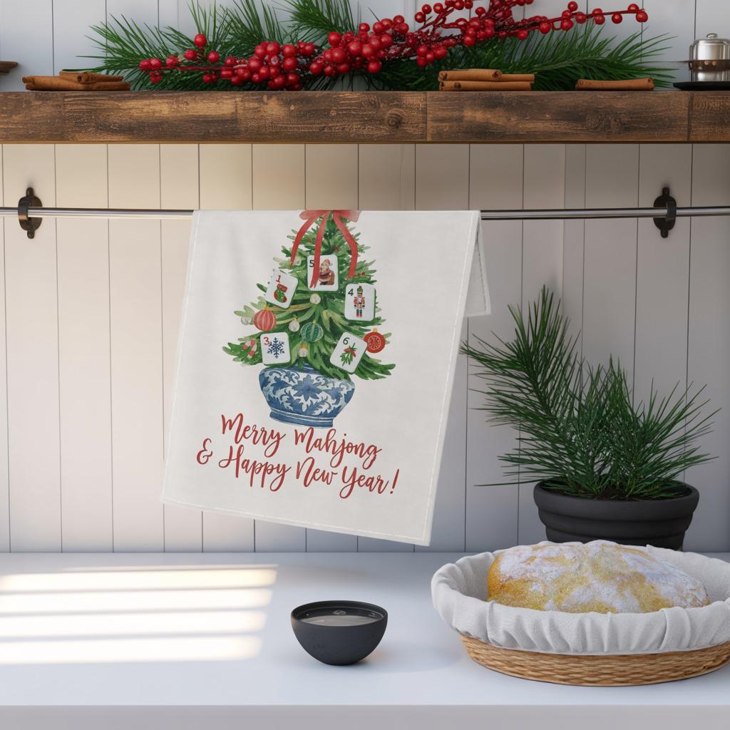 Merry Mahjong Chinoiserie Christmas Tree Hand Towel, Mahjong Tea Towel, Holiday Kitchen Decor, Christmas Gift, Mahjong Group, Mahjong Gift