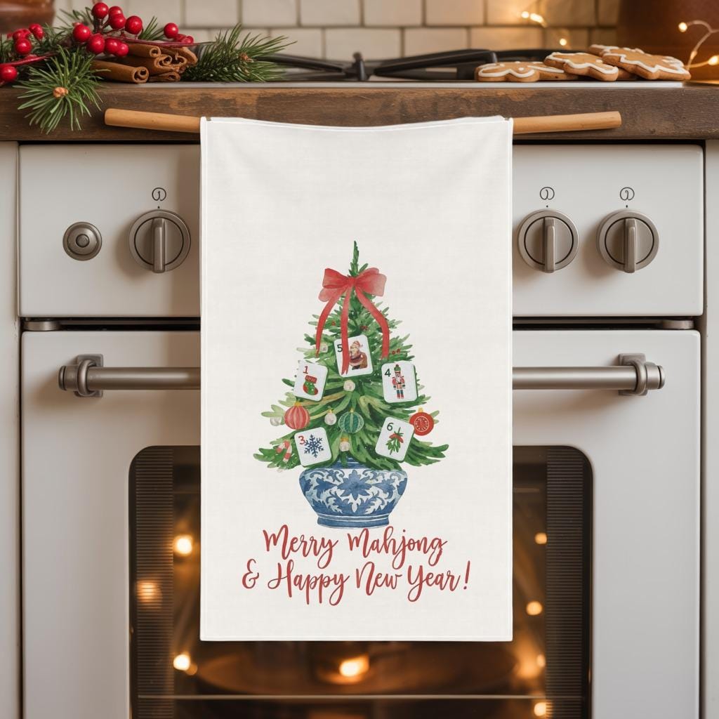 Merry Mahjong Chinoiserie Christmas Tree Hand Towel, Mahjong Tea Towel, Holiday Kitchen Decor, Christmas Gift, Mahjong Group, Mahjong Gift