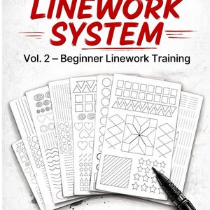 May include: A collection of eight printable linework practice sheets for beginner linework training. The sheets feature various geometric shapes, patterns, and designs, including hearts, stars, and lines. The title "CLASSIC LINEWORK SYSTEM" is displayed in black and red.