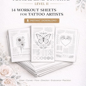 Puede incluir: Hojas de ejercicios blancas para tatuadores con ejercicios de control de línea floral. Las hojas presentan diseños de líneas, incluyendo un girasol, una mariposa y un corazón. El texto dice "Master Floral Line Control Level II" y "Instant Download".