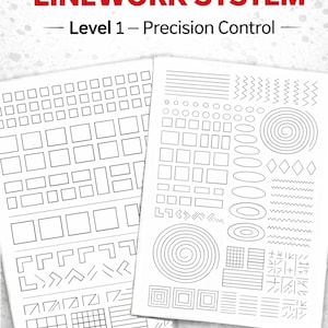 May include: Two white practice pages with black line drawings for linework practice. The pages include geometric shapes, lines, and patterns. The text at the top reads "CLASSIC LINEWORK SYSTEM" and "Level 1 - Precision Control". The bottom text reads "12 Printable Practice Pages".