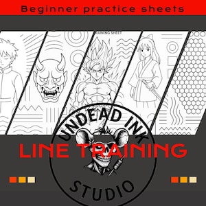 Könnte beinhalten: Schwarz-Weiß-Übungsblätter für Linienzeichnungen mit Anime-Charakteren und geometrischen Mustern. Der Text "Beginner practice sheets" und "Line Training" ist rot. Das Logo zeigt einen Totenkopf mit einer Tätowierpistole.