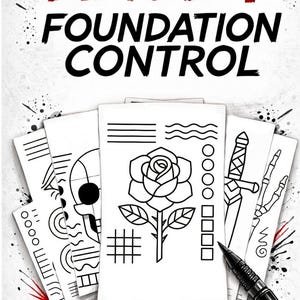 Può includere: Un mucchio di pagine di pratica bianche con illustrazioni a tratto nero, tra cui una rosa, un teschio e una spada. Il testo "LEVEL 1 FOUNDATION CONTROL" è in rosso e nero. Il testo "10 PRACTICE PAGES" è in basso.
