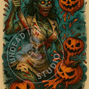 Peut inclure: Illustration d'Halloween avec une infirmière zombie tenant un couteau ensanglanté, entourée de citrouilles oranges et de chauves-souris. L'image contient le texte "Undead Ink Studio". Le fond est vert foncé.