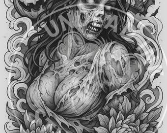 Zombie Girl Tattoo Stencil – Halloween Undead Flash Design | Printable Blackwork PDF PNG