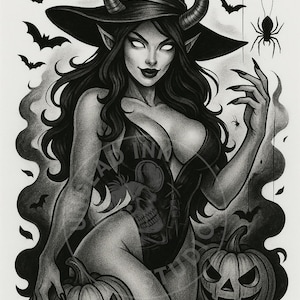 May include: A black and white illustration of a woman with horns and a witch hat, surrounded by bats, spiders, and jack-o'-lanterns. The woman wears a dark outfit and has long black hair. The image has a Halloween theme.