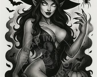 Witch Pin Up Tattoo Stencil | Halloween Tattoo Flash (PDF & PNG)