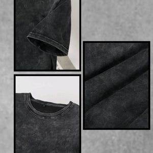 May include: Close-up shots of a dark gray, acid-wash style t-shirt. The images highlight the texture of the fabric, the crew neck, and the short sleeves. The shirt appears to be made of a soft, comfortable material.