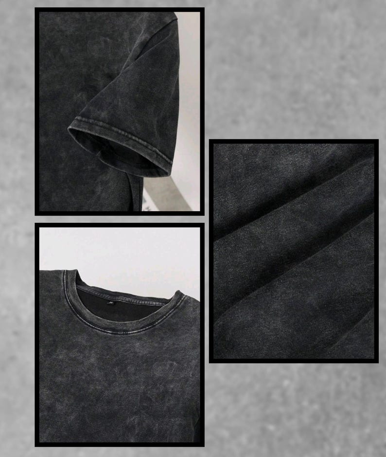 May include: Close-up shots of a dark gray, acid-wash style t-shirt. The images highlight the texture of the fabric, the crew neck, and the short sleeves. The shirt appears to be made of a soft, comfortable material.