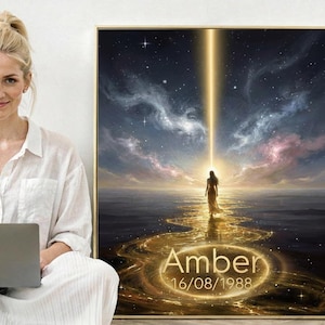 Peut inclure: Une impression d'art encadrée représentant une scène céleste avec une femme marchant vers une lumière vive. L'œuvre d'art a un cadre doré et comprend le nom "Amber" et la date "16/08/1988". Une femme est assise devant l'œuvre avec un ordinateur portable.