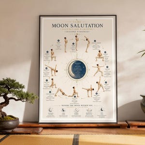 May include: A vertical rectangular poster titled Moon Salutation featuring a central crescent moon graphic surrounded by illustrations of a person performing various yoga poses in a circular sequence with descriptive text in English and French.