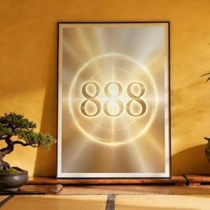 Peut inclure: Une affiche encadrée avec le chiffre 888 doré sur un fond circulaire lumineux. L'œuvre est présentée sur une surface en bois, avec un bonsaï et un bambou au premier plan.