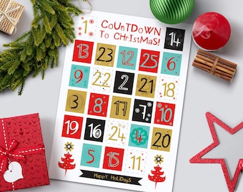 Calendario de Adviento imprimible, Calendario de Adviento de bricolaje, Cuenta regresiva de Navidad, Bricolaje imprimible de Navidad, Kit de calendario de Adviento moderno