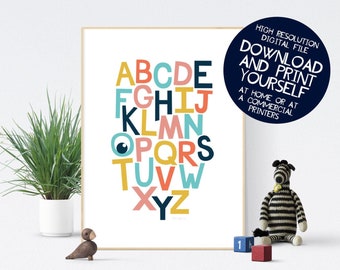 Nursery Wall Art, Printable Alphabet, Educational Poster, Alphabet Set, Modern Kids Room Decor, ABC Print, Rainbow Colours