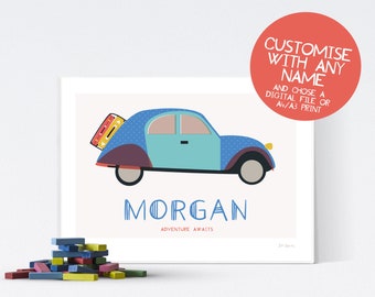 Personalised Name Print, 2CV Retro Car Illustration, New Baby Gift, Kids Room, Baby First Christmas