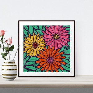 Flower Poster, Floral Decor, Art Print, Flower Wall Art, Botanical Poster, Flower Illustration, Colourful Art, Modern Art, Large Square Art image 1