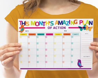 Monthly Planner Printable To Do List DIY Organiser Rainbow Bird Butterfly Print