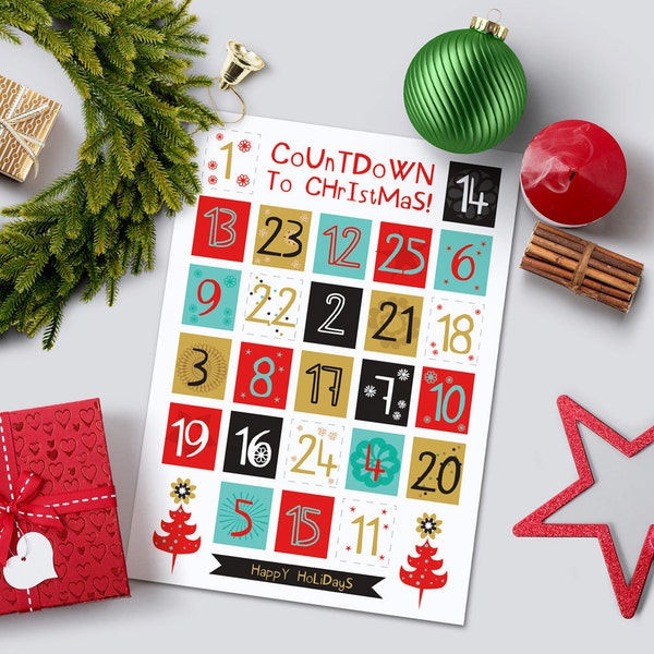 Printable Advent Calendar, DIY Advent Calendar, Christmas Countdown, Christmas Printable DIY, Modern Advent Calendar Kit
