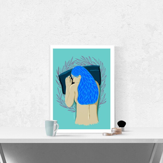 Sleeping Woman Art Print Modern Wall Art Bedroom Decor Nature Art Nude Woman Art Female Art Blue Home Decor Women Illustration
