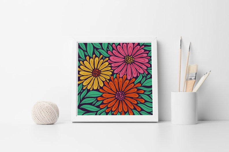 Flower Poster, Floral Decor, Art Print, Flower Wall Art, Botanical Poster, Flower Illustration, Colourful Art, Modern Art, Large Square Art image 4