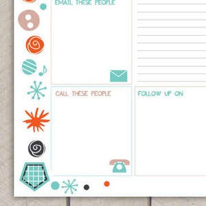 May include: A printable to-do list with sections for "Email These People", "Call These People", and "Follow Up On". The printable features a colourful, retro design with geometric shapes and icons.