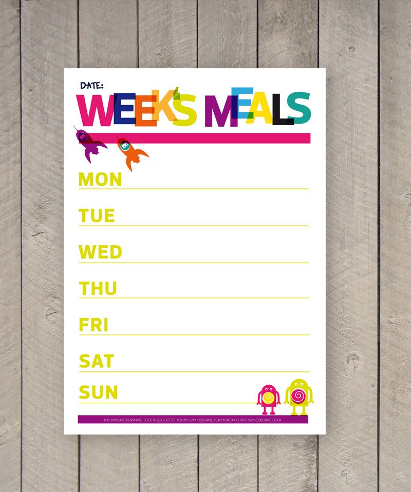 Printable Menu Weekly Food Planner Organizer Rainbow Illustrations ...