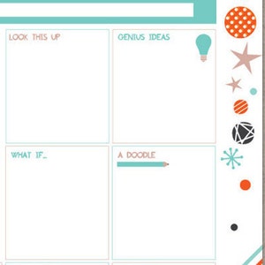 May include: A printable worksheet with four sections labelled "Look This Up", "Genius Ideas", "What If", and "A Doodle". Each section has a white background and a light blue border. The worksheet is decorated with colourful shapes and icons.