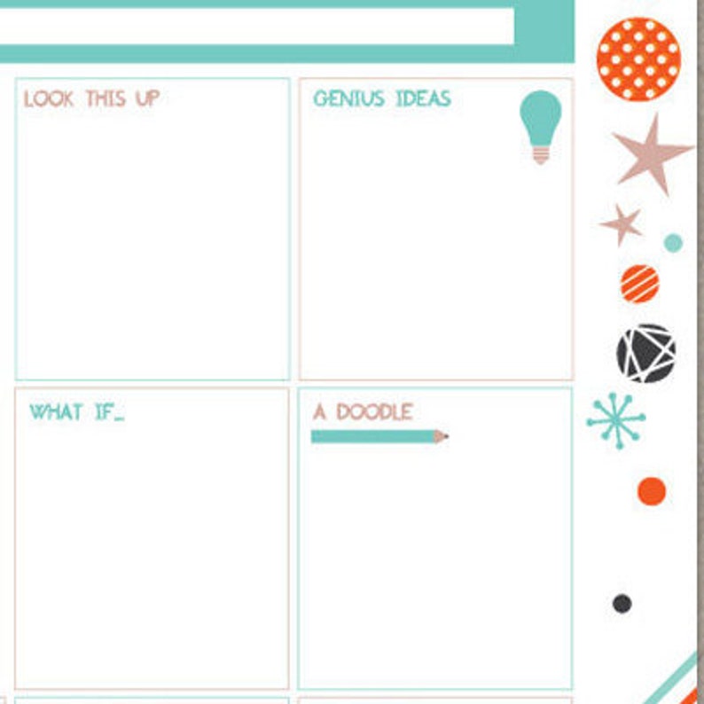 May include: A printable worksheet with four sections labelled "Look This Up", "Genius Ideas", "What If", and "A Doodle". Each section has a white background and a light blue border. The worksheet is decorated with colourful shapes and icons.