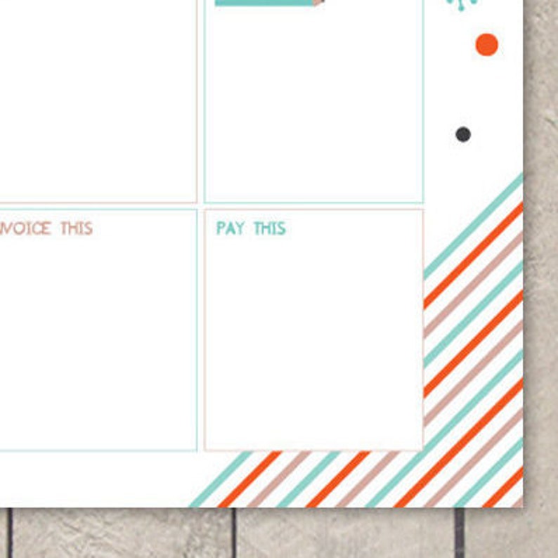 May include: A white printable checklist with two sections labelled "Invoice This" and "Pay This". The checklist has a colourful striped border.