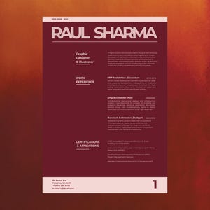 Peut inclure: Un CV marron pour Raul Sharma, graphiste et illustrateur. Le CV comprend l'expérience professionnelle, les certifications et les coordonnées. Le document est formaté avec du texte blanc sur fond marron.