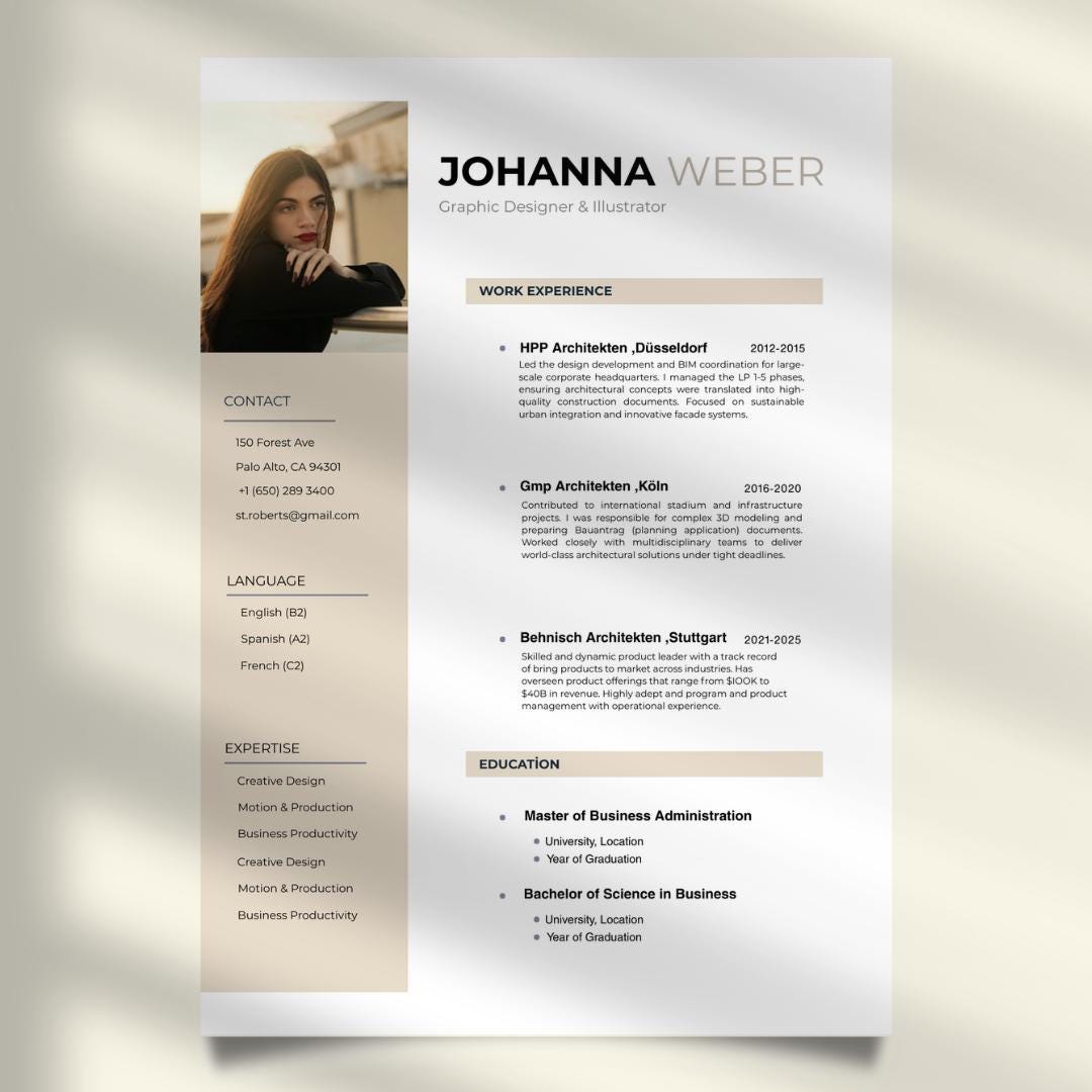 Modern Resume Template With Photo, Creative Canva CV, Professional Two ...