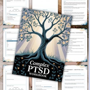 May include: A workbook titled "Complex PTSD Workbook" with a tree illustration on the cover. The workbook is surrounded by pages with text and diagrams. The text includes "Your Healing Calendar" and "The Science Behind EMDR and Bilateral Stimulation".