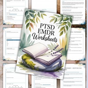 May include: A collection of PTSD EMDR worksheets with a watercolor design. The central image features an open book atop a stone, surrounded by greenery and lavender. The title "PTSD EMDR Worksheets" is prominently displayed.