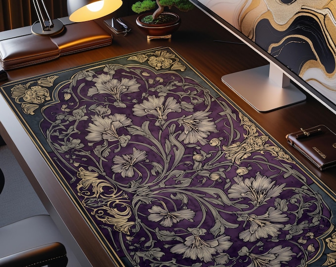 Art Nouveau Desk Mat: Purple & Gold Floral Gaming Mousepad