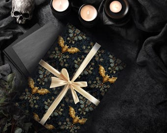 Gothic Bat Wrapping Paper – Victorian Golden Bats & Holly Gift Wrap