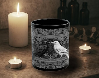 Black and White Raven Mug – Gothic Coffee Cup, Occult Corvid Drinkware, Witchy Gift