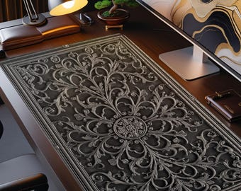 Alfombrilla de escritorio de hierro forjado gótico victoriano: alfombrilla de ratón ornamentada en negro y peltre, decoración de oficina con filigrana barroca