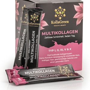 Könnte beinhalten: Eine Schachtel mit KallaGreen Multikollagen Gesundheits- und Schönheitsprodukt mit einzelnen Beuteln. Die Schachtel ist schwarz mit rosa Akzenten und Text. Die Beutel sind schwarz mit goldenem und weißem Text. Die Beutel sind je 10g.