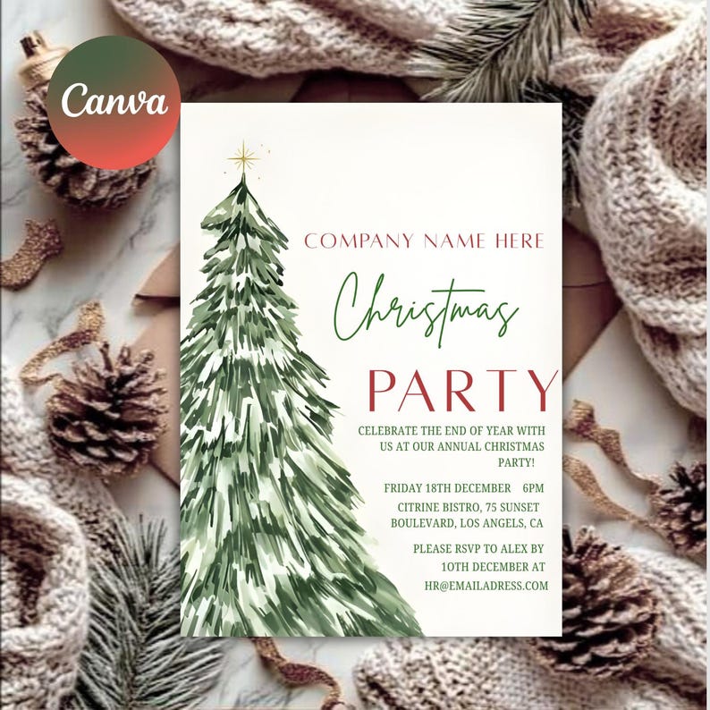 May include: A festive Christmas party invitation featuring a green watercolor Christmas tree. The invitation includes event details and the words "Christmas PARTY". The Canva logo is visible.