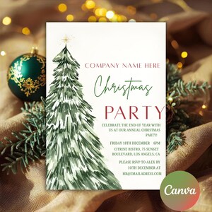May include: A festive Christmas party invitation featuring a green Christmas tree design. The invitation includes the text "Christmas PARTY" and event details. The Canva logo is visible.