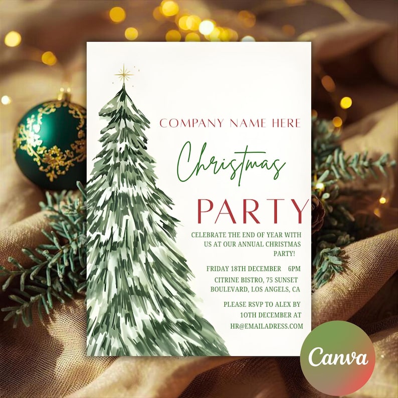 May include: A festive Christmas party invitation featuring a green Christmas tree design. The invitation includes the text "Christmas PARTY" and event details. The Canva logo is visible.