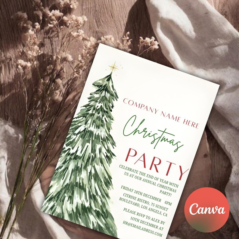 May include: A festive Christmas party invitation featuring a green watercolor Christmas tree. The invitation includes the text "Christmas PARTY" and event details. The Canva logo is visible.