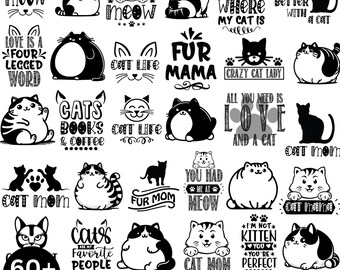 Cat Cartoon SVG Bundle, Hand-Drawn Kitty Graphics