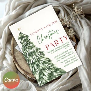 May include: A white invitation card featuring a watercolour Christmas tree design. The card says "Christmas Party" in red and green, with event details and a company name at the top. The Canva logo is in the bottom left corner.